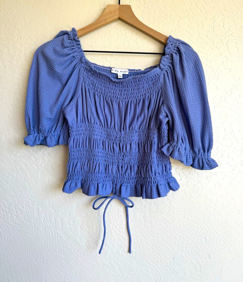 Miou Muse Women’s Small Periwinkle Smocked Puff Sleeve Crop Top Cottagecore Boho